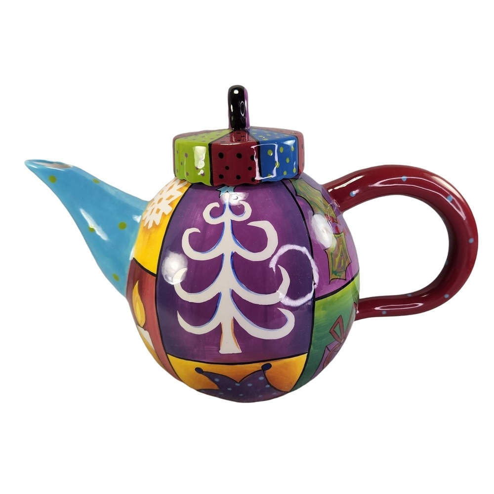 Christmas Teapot Hand Painted Ceramic Tea Pot Holiday Studio Designworks Purple